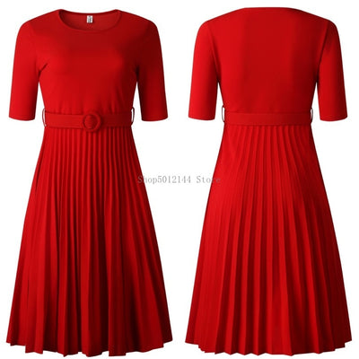 African Style Women Casual Belted Pleated Dress Elegant Chic Office Lady A-Line High Waist Dress 2020 Autumn Winter Fashion