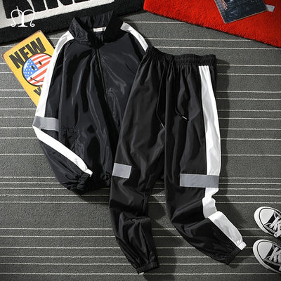 Mens Sets Hip Hop Autumn Patchwork Track Suit Male Stand Collar Jacket Sweatsuit Tracksuit Men Clothes Casual Sportswear Black